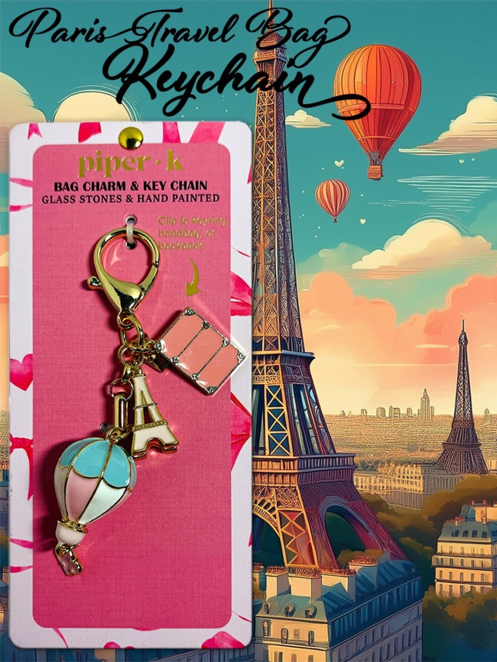 piper•k Pairs Travel Hot Air Balloon Keychain with Eiffel Tower, Bag Charm